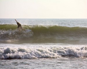 Robin surfing in Huanchaco